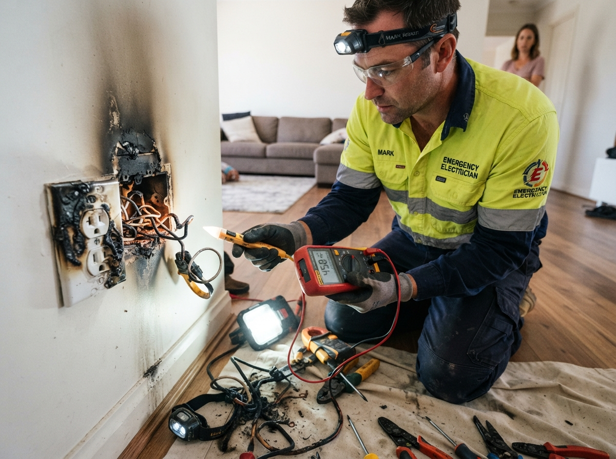 Emergency electrician testing and inspecting damaged power outlet