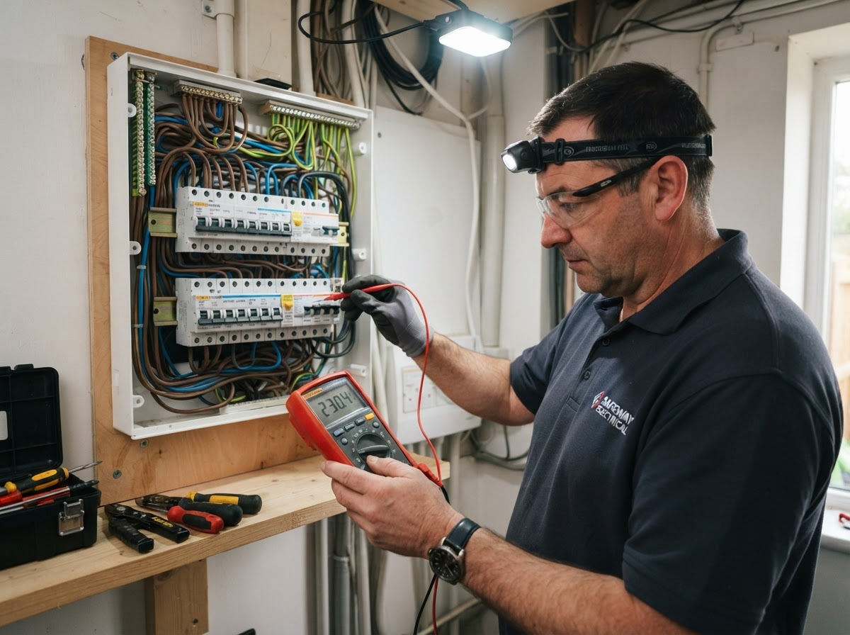 Electrician testing electrical circuits with multimeter