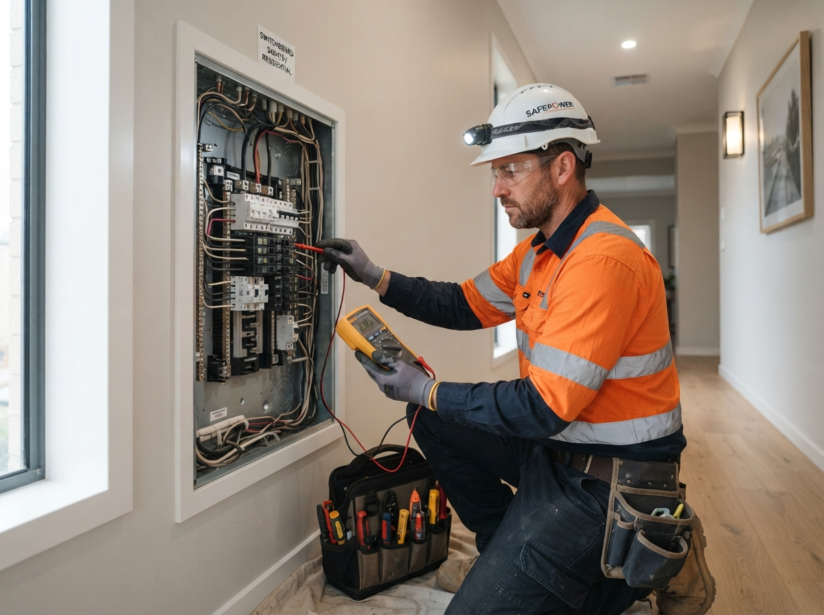 Professional electrician testing Sydney switchboard during emergency repair