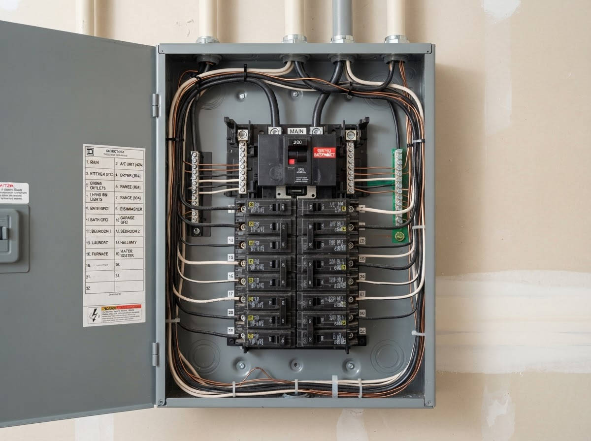 Close-up of residential circuit breaker panel and safety switch