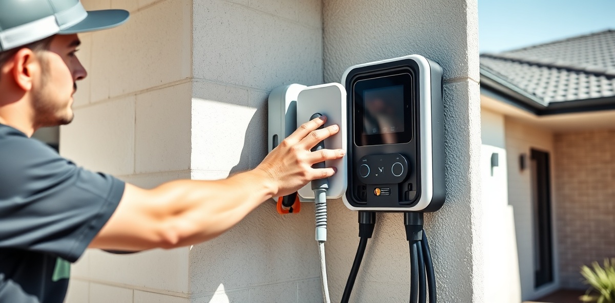 Professional electrician installing EV charger on residential home