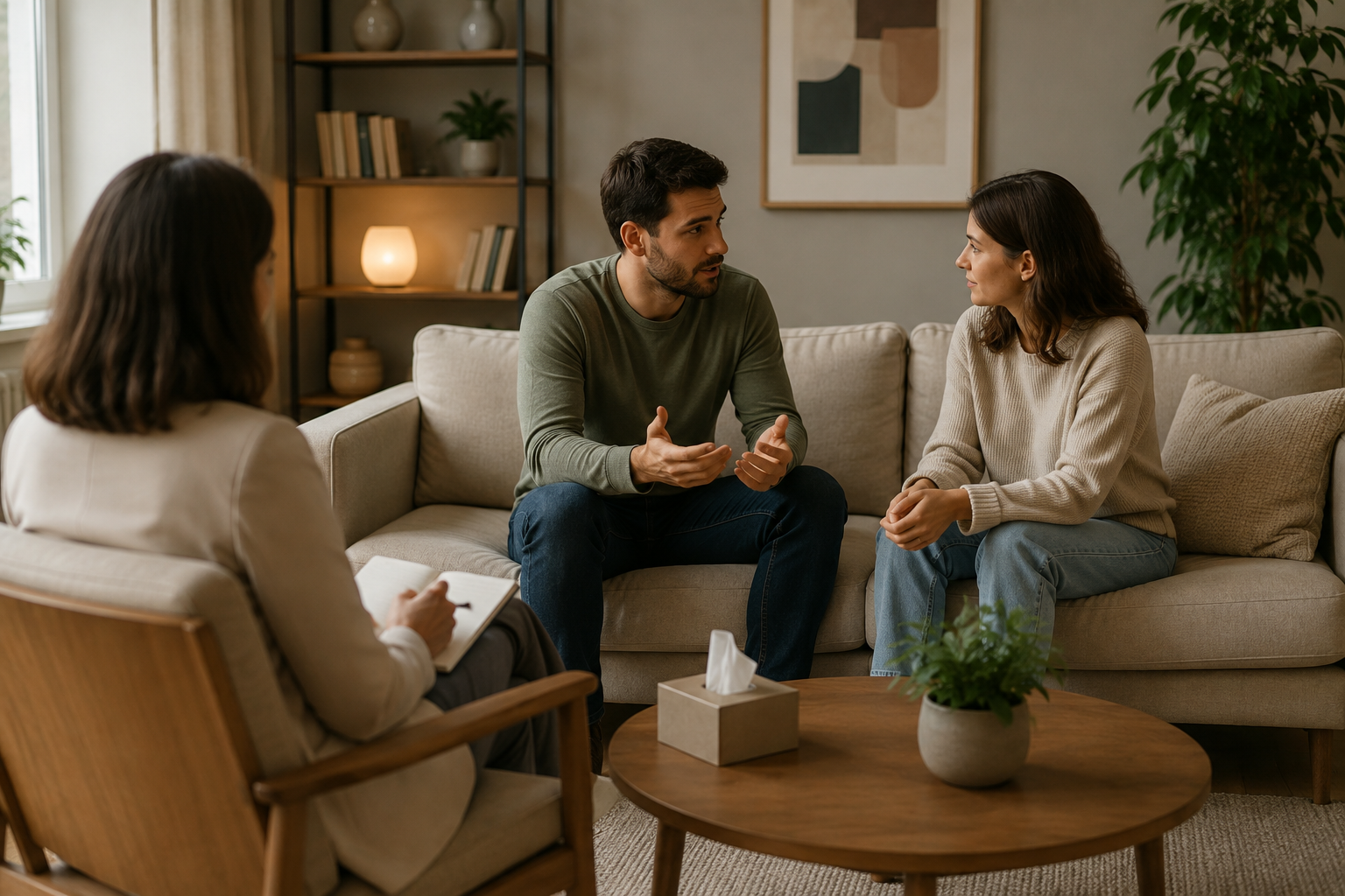 Couple sitting together on a sofa holding hands in a warm counseling setting