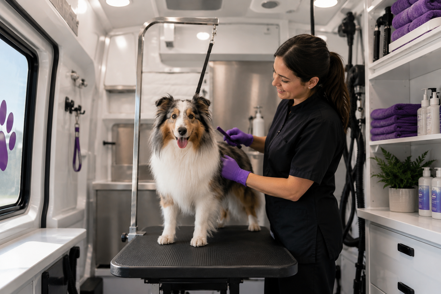 Professional grooming van interior with modern equipment and setup