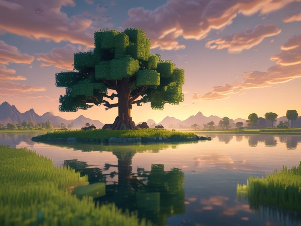 A serene, high resolution image depicting a peaceful Minecraft landscape