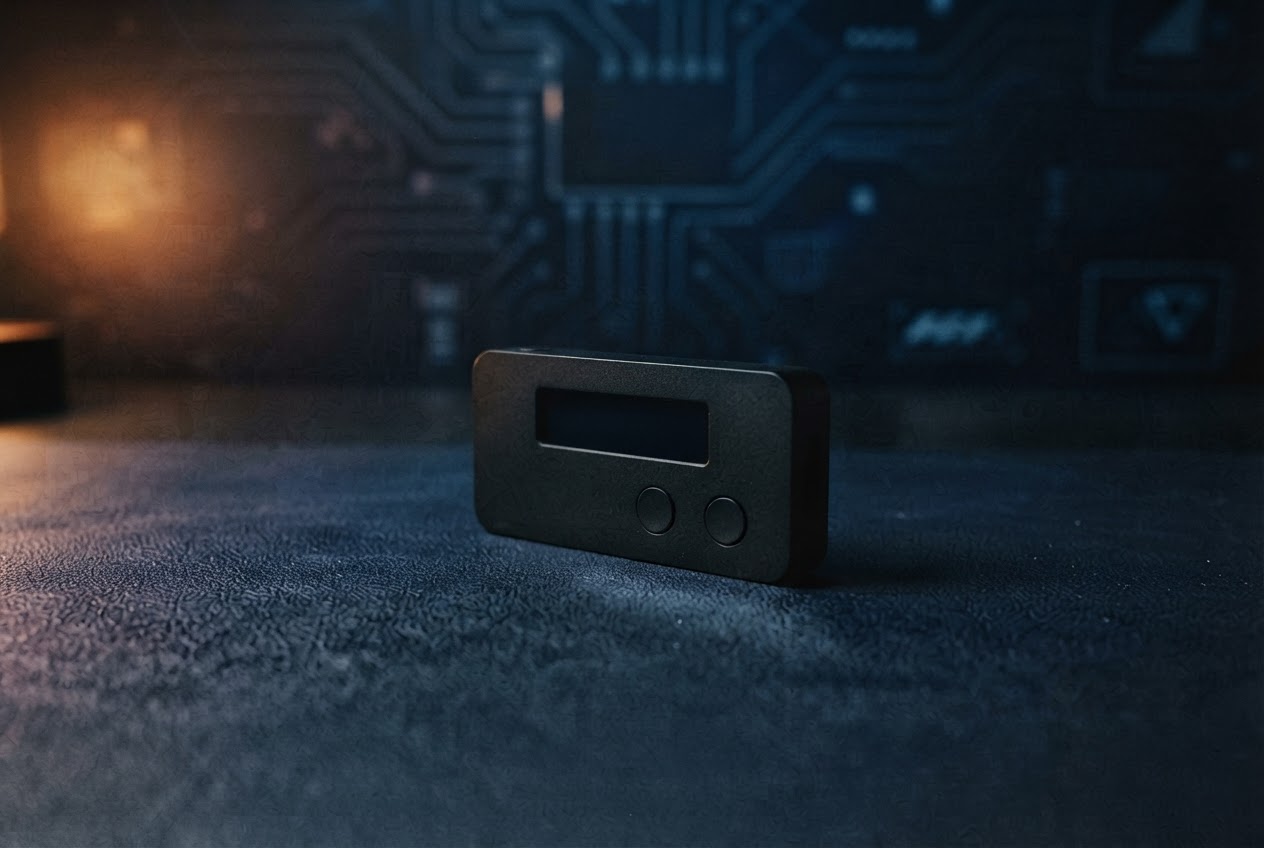 A hardware wallet device on a dark, softly lit desk