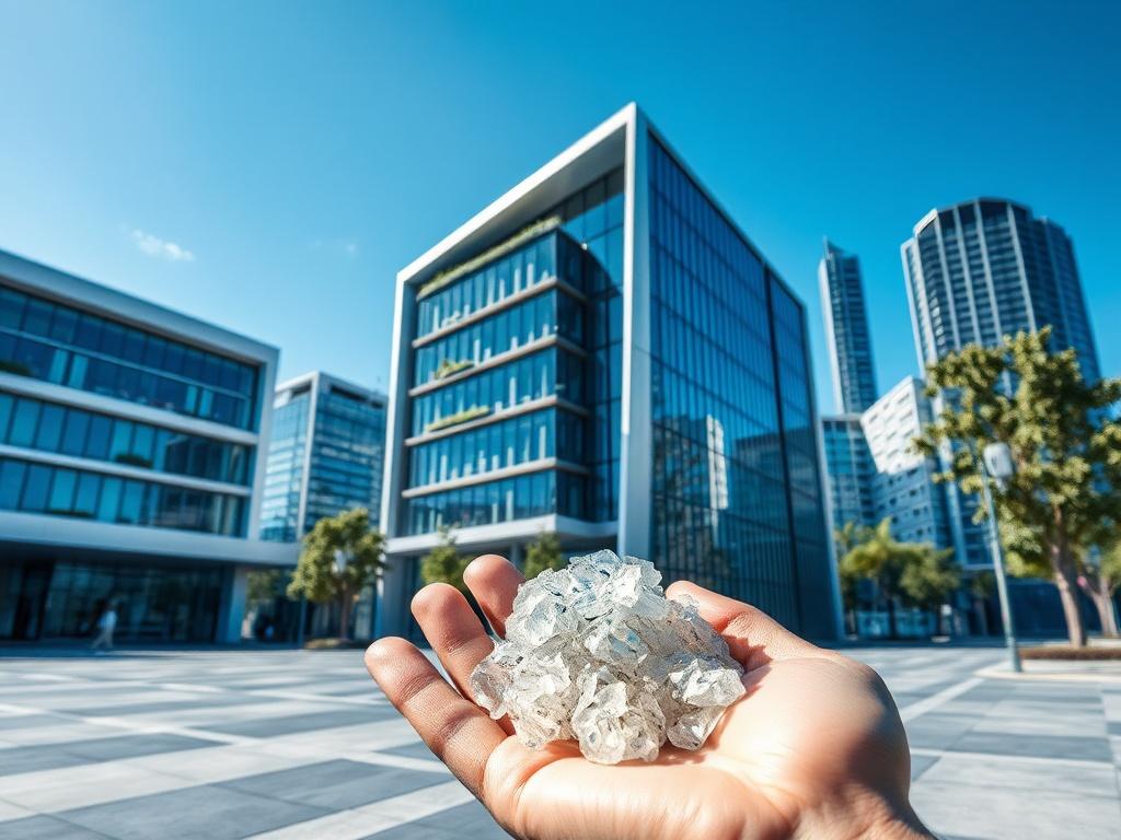 Create a realistic high-resolution photo that embodies the theme of "The Future of Building Materials." The composition should be clean and focused, featuring a single subject: a modern architectural structure made from innovative, lightweight materials that exemplify sustainable construction practices. 

The building should showcase a sleek, contemporary design with smooth lines and eco-friendly features such as green walls or solar panels. In the foreground, place a transparent sample of Nescrete lightwei