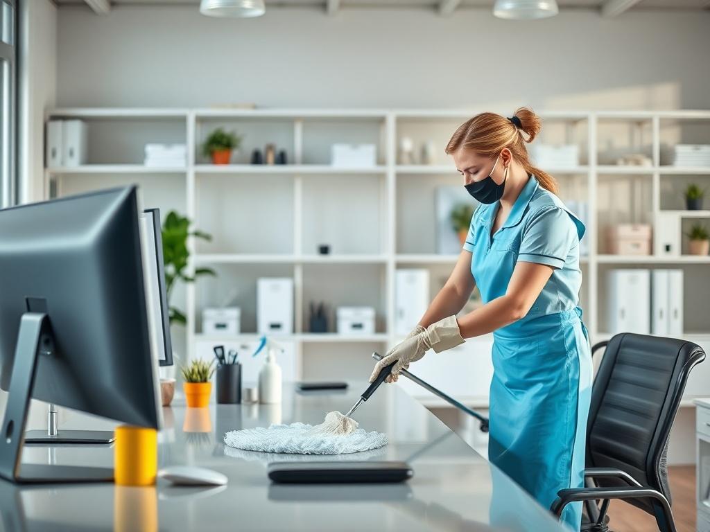 A hyper-realistic high-resolution image of a professional office cleaning scene, focused on a cleaner dusting a modern office desk with a computer and office supplies. The background should include clean, organized shelves and a bright, inviting atmosphere. The lighting should be bright and airy, highlighting the cleanliness and professionalism of the workspace.