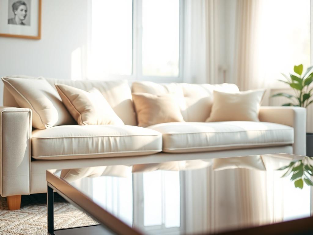 A close-up shot of a beautifully arranged living room with a clean, tidy couch, decorative pillows, and a polished coffee table. The sunlight streams through a window, creating a warm and inviting atmosphere. The background is softly blurred to emphasize the cleanliness and organization of the space, showcasing a modern and fresh aesthetic.