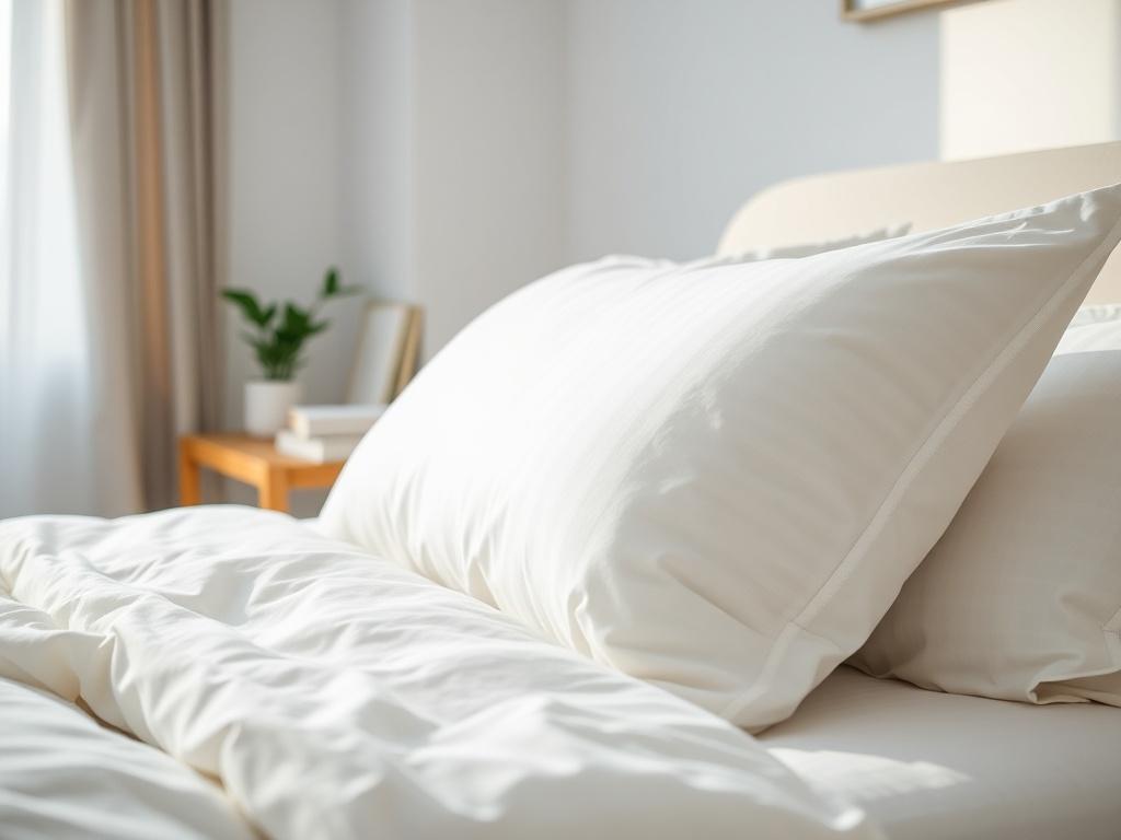 A hyper-realistic close-up shot of a beautifully made bed in an Airbnb property, showcasing freshly washed linens and neatly arranged pillows. The room features soft lighting and a clean, modern aesthetic with a touch of elegance. The background includes a well-organized bedside table with a small plant and a book, emphasizing cleanliness and welcoming ambiance. The overall color palette complements a calming atmosphere, with shades of white, soft grey, and hints of green.
