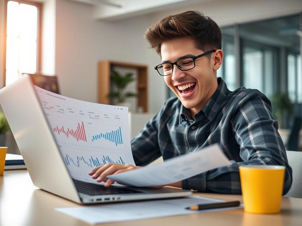 A close up of a person joyfully discovering financial documents