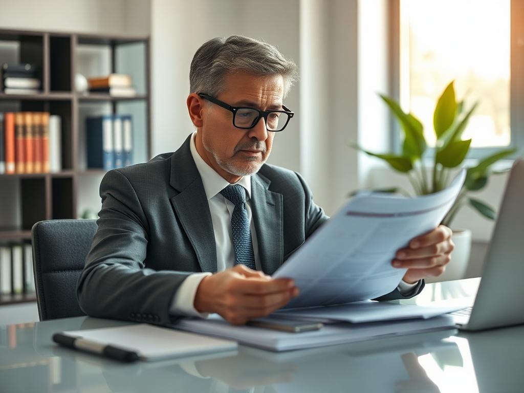 Create a realistic high-resolution photo that visually represents the idea of "Unlocking Hidden Financial Opportunities." The composition should be straightforward and minimalistic, focusing solely on a single subject. 

Subject Matter: Feature a well-dressed professional, preferably a middle-aged person, seated at a sleek, modern desk. They should be intently examining a stack of documents, showcasing a look of concentration and insight, as if uncovering valuable financial information. Their facial express