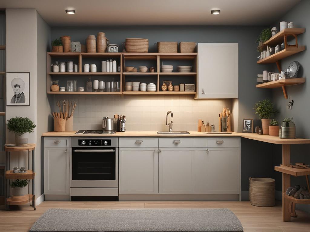 cozy basement, mini kitchenette, inviting atmosphere, custom shelving