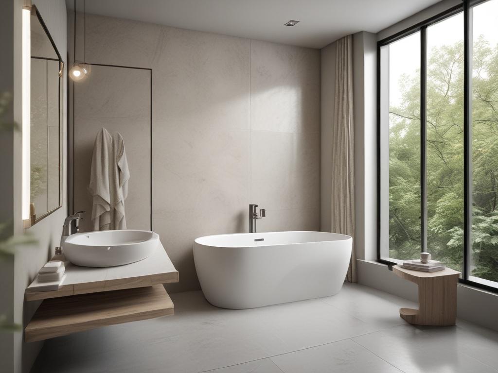 elegant bathroom, modern fixtures, luxury materials, tranquil design