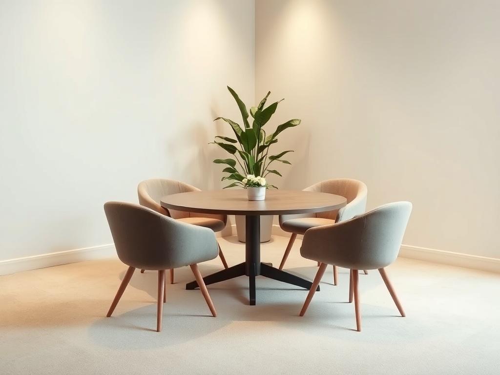 An inviting mediation room set up with a round table and comfortable chairs. Soft lighting and neutral tones enhance the atmosphere, with a plant in the background adding a touch of nature. The room should feel welcoming and conducive to open dialogue among participants.