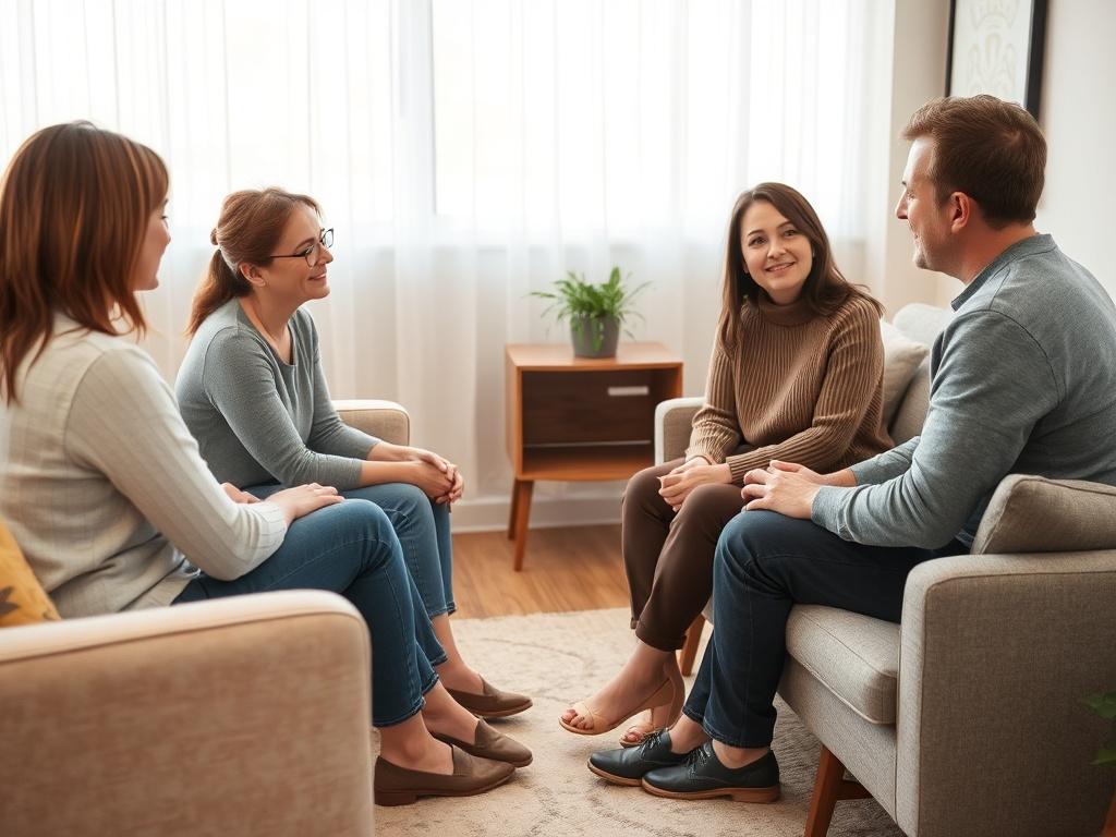 A warm, inviting therapy session featuring two parents sitting across from each other, engaged in conversation with a therapist. The room should be softly lit, with comfortable seating and calming colors, creating an atmosphere of collaboration and understanding.