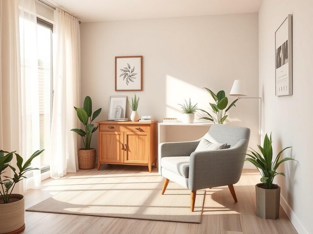 A serene therapist's office with a comfortable single armchair, soft natural light filtering through a window, and calming decor. The scene should convey a peaceful atmosphere, with gentle colors and minimalistic design, creating a welcoming space for individual therapy.