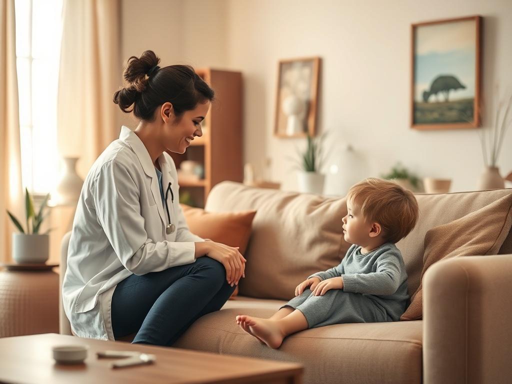 A warm, inviting therapy room with soft lighting and gentle colors. In the foreground, a caring therapist is engaging with a young child, sitting on a comfortable couch. The therapist is listening attentively, creating a safe space for dialogue. In the background, there are cozy decorations, such as plants and calming artwork, that enhance the peaceful atmosphere.