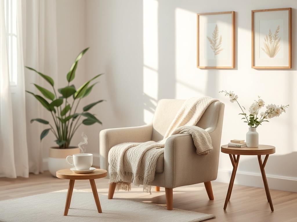 A serene and inviting therapy room with soft, natural lighting. The focus is on a single, comfortable armchair placed in the center of the room. A plush throw blanket is draped over the chair, and a small side table with a steaming cup of tea sits nearby. In the background, there are soft green plants and gentle artwork on the walls, creating a peaceful atmosphere. The overall tone of the image is calming and supportive, reflecting a safe space for individual therapy.