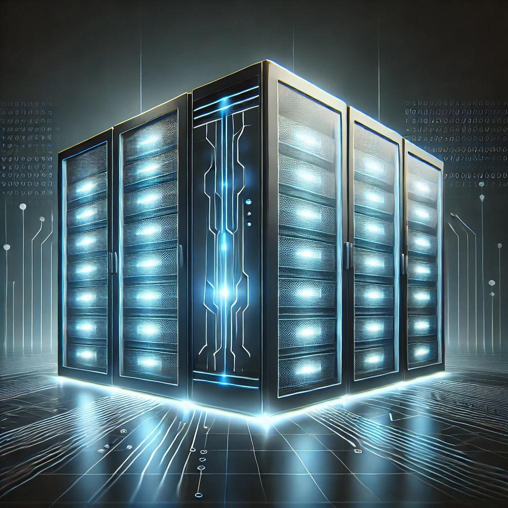 dall·e 2024-11-27 15.02.45 - a modern server-themed profile picture featuring a sleek and futuristic server rack with glowing blue and white lights. the background includes subtle.webp