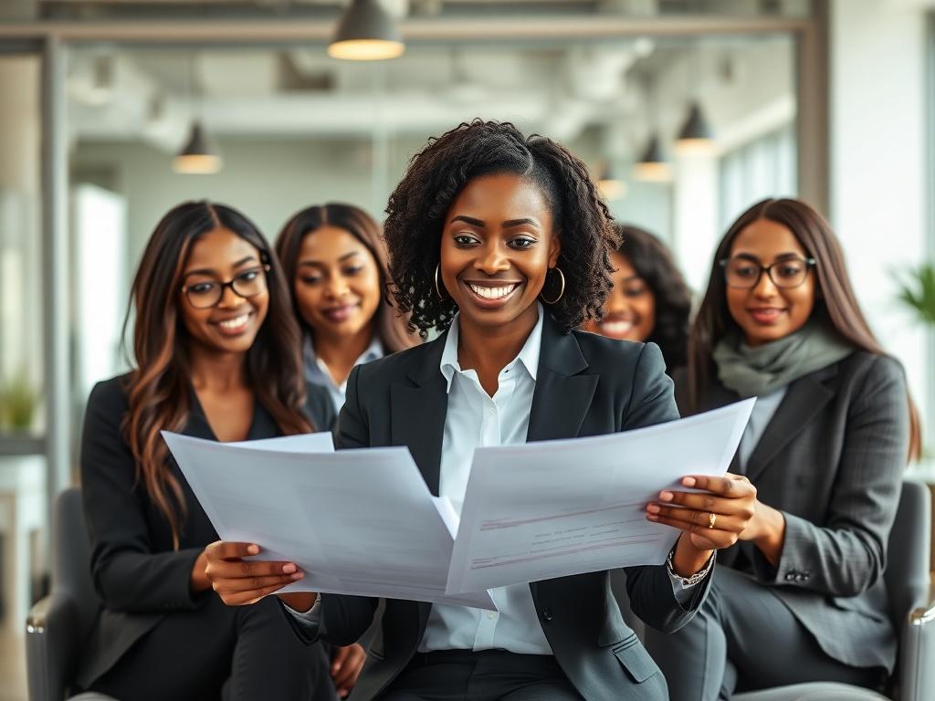 A vibrant image featuring a black woman in professional attire