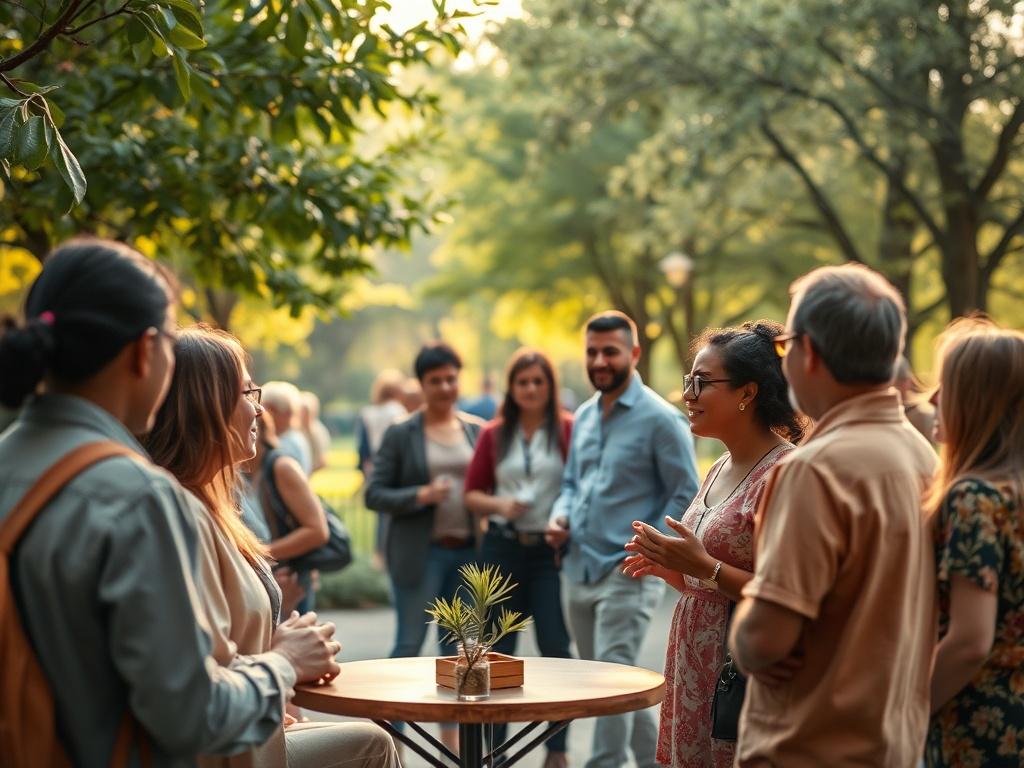 A serene community gathering scene in a park, featuring diverse
