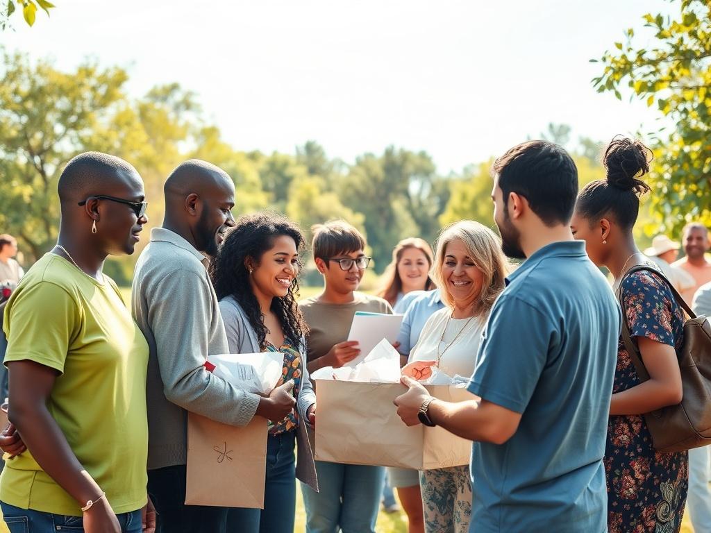 A serene community gathering with people of diverse backgrounds engaging