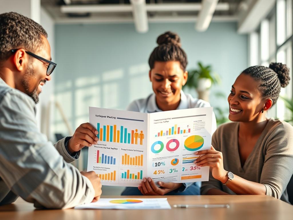 A close up of a nonprofit team reviewing a colorful,