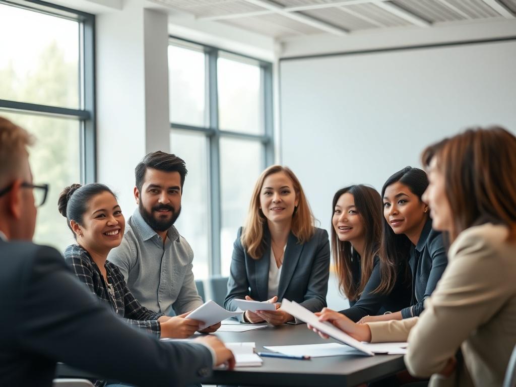 A hyper-realistic close-up shot of a diverse group of professionals engaged in an interactive training session. The focus is on a confident instructor leading the discussion, with participants actively participating and taking notes. The background is a bright, modern training room with large windows allowing natural light to flood in, enhancing the atmosphere of collaboration and learning.