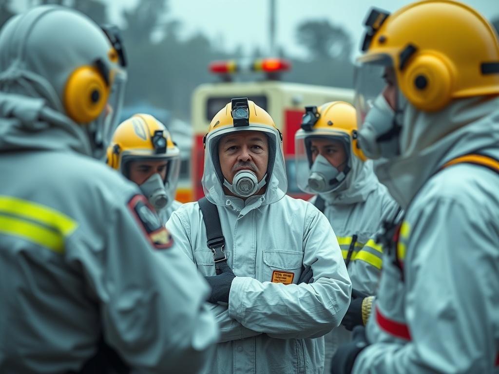 A hyper realistic close up of a Hazmat training exercise