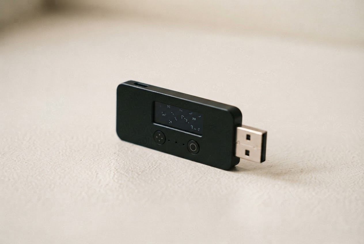 A compact black hardware wallet shown fully in a softly lit studio setting