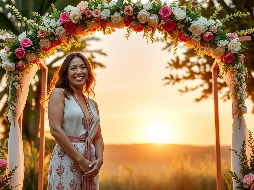 A serene outdoor wedding setting featuring a joyful officiant with a radiant smile, standing under a beautifully decorated archway adorned with flowers. The sun sets in the background, casting a warm golden glow over the scene. The officiant is dressed in a stylish boho outfit, radiating warmth and happiness. The background includes lush greenery and soft floral decorations, creating an intimate atmosphere perfect for a wedding ceremony.