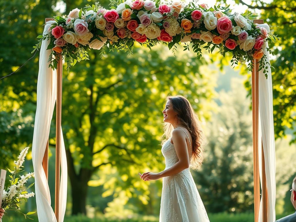 A beautiful outdoor wedding setting with a couple exchanging vows