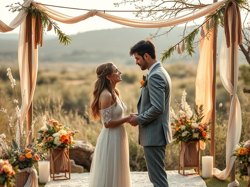 An elegant outdoor wedding scene set in nature, featuring a