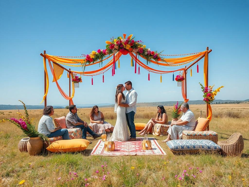 A vibrant bohemian wedding scene set in an open field, featuring colorful decorations, wildflowers, and a relaxed seating arrangement with cushions. The couple stands under a beautifully decorated arch, surrounded by friends and family. The atmosphere is lively and cheerful, with a mix of laughter and love. Bright colors and natural elements create an inviting and joyful ambiance, capturing the essence of a unique celebration.