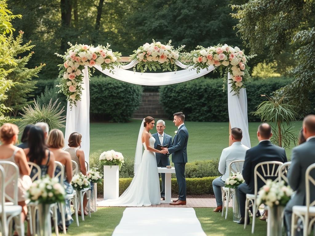 A serene outdoor wedding ceremony setup in a lush garden, featuring an elegant arch adorned with flowers. The scene captures a small gathering of about 10 guests, with a joyful couple at the center exchanging vows. Soft natural lighting enhances the romantic atmosphere, surrounded by greenery. The composition is minimalistic, focusing on the couple and their guests, evoking a sense of intimacy and love.