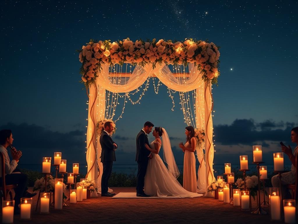 A magical evening wedding ceremony setup with twinkling fairy lights and candles illuminating the scene. The couple stands together under a beautifully adorned arch, surrounded by close family and friends. The setting is serene and intimate, with a starry night sky above. The composition focuses on the couple's expressions of love, showcasing a romantic atmosphere that embodies the essence of their relationship.