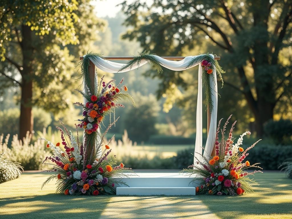 Create a realistic high-resolution photo featuring a beautifully arranged wedding altar set in a serene outdoor setting, symbolizing the theme "Embracing Your Unique Love Story." The composition should be simple and clear, showcasing a single, elegantly designed altar adorned with wildflowers in various vibrant colors, a soft draping of white fabric, and touches of greenery. The subject of the image should focus exclusively on the altar, emphasized against a blurred background of a lush garden filled with w