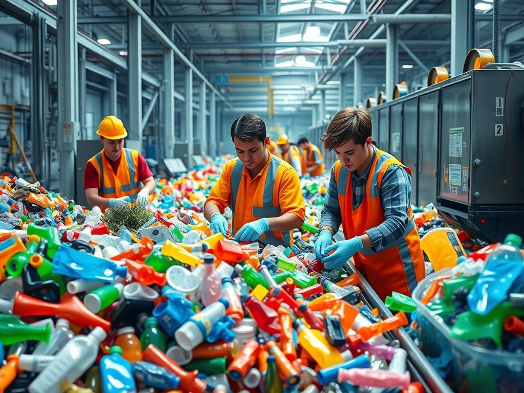 An industrial recycling facility showcasing young workers actively sorting and