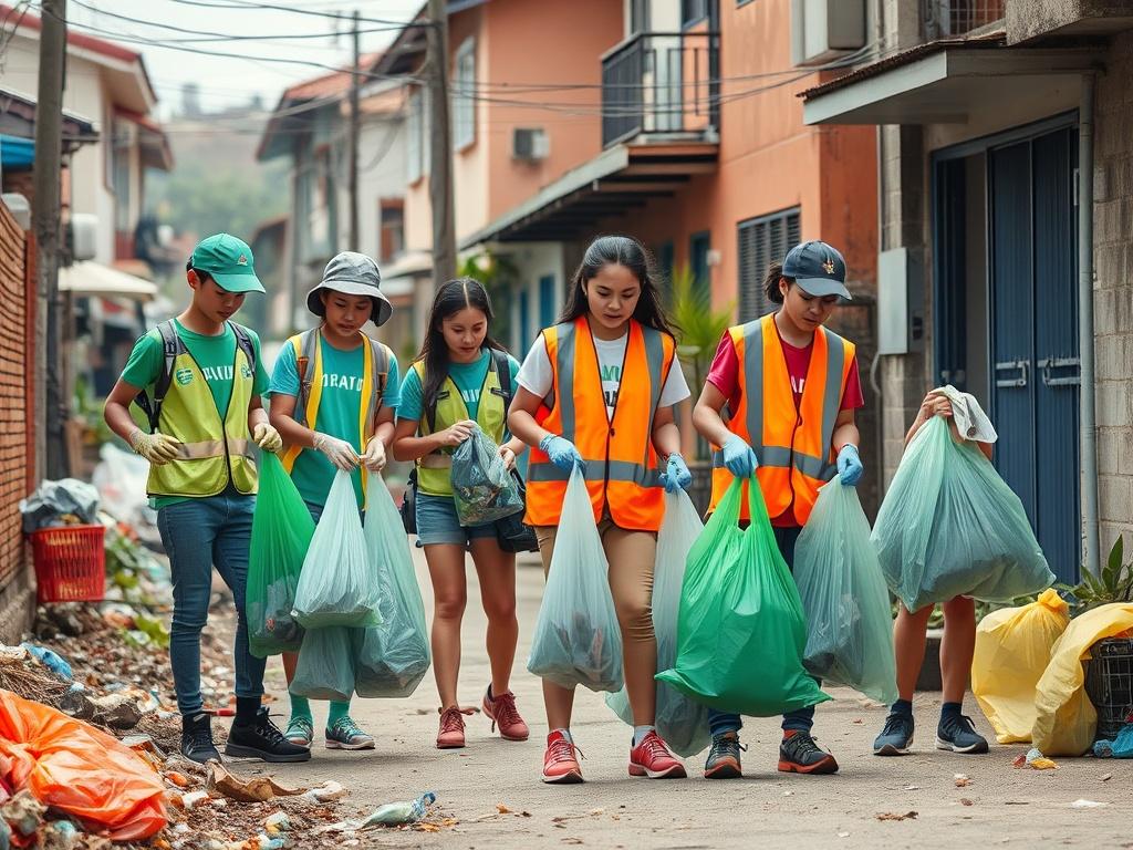 A dynamic scene of young volunteers collecting plastic waste in