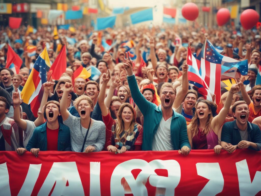 A vibrant scene showing a local football event with families and friends gathered on the sidelines. The image captures the enthusiasm of spectators cheering for their teams. Colorful banners and flags wave in the background, and children are playing in the foreground. The focus is on the joyful interactions among people, emphasizing the community spirit around football. The photo is shot with a 45mm f/1.2 lens for a hyper-realistic effect.