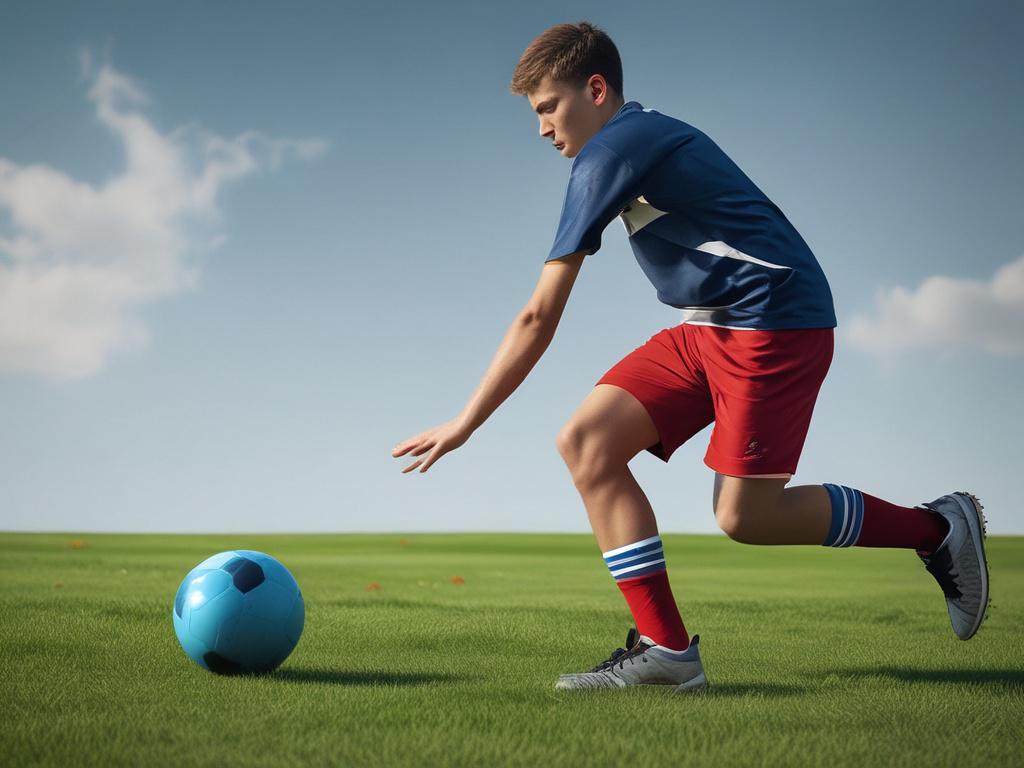A close-up shot of a young football player practicing dribbling on a grassy field, with a bright blue sky in the background. The player, wearing a red and white jersey, is focused and determined. The image captures the intensity and passion of youth football training, showcasing the player's skill and dedication. The composition is simple, with the player as the main subject, shot with a 45mm f/1.2 lens for a hyper-realistic effect.