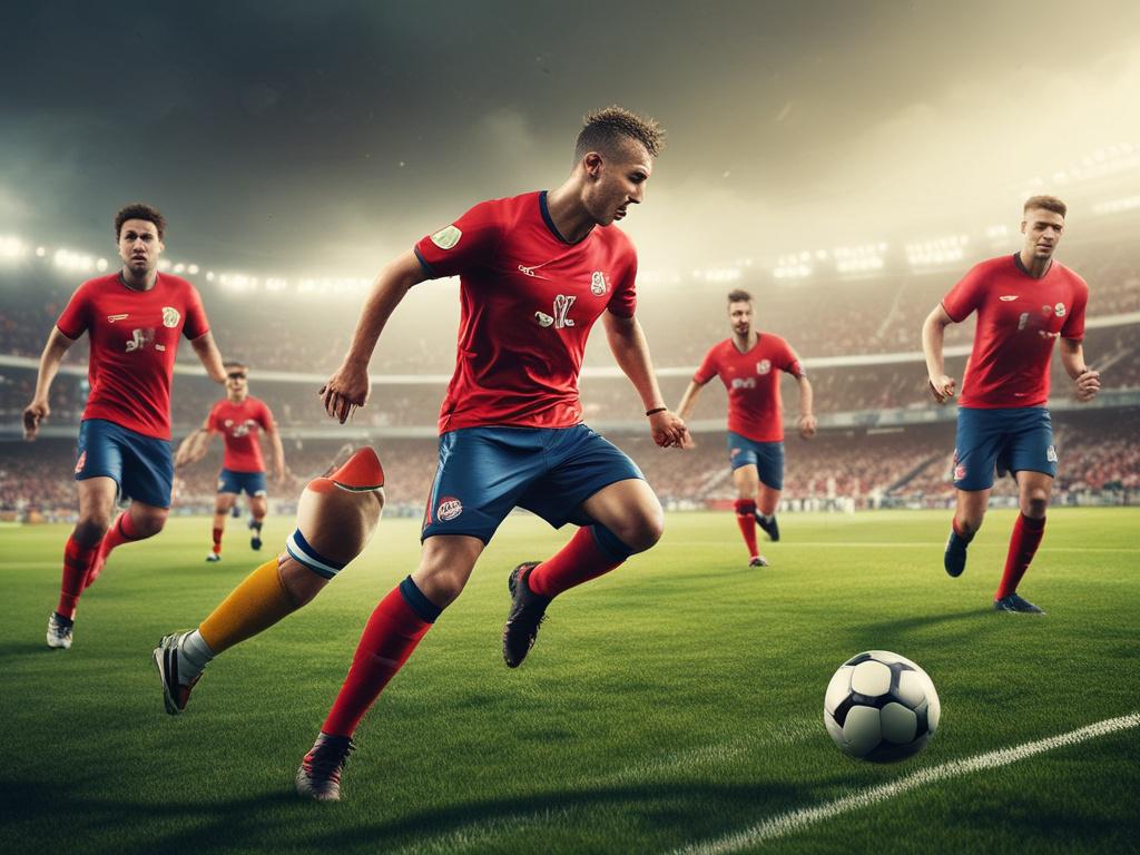 A dynamic shot of a competitive football match in action, featuring players in red jerseys battling for the ball on a well-maintained pitch. The image captures the intensity and excitement of the game, with spectators visible in the background, cheering passionately. The focus is on the players' expressions and movements, showcasing their athleticism and teamwork. The photo is taken with a 45mm f/1.2 lens for hyper-realistic detail.