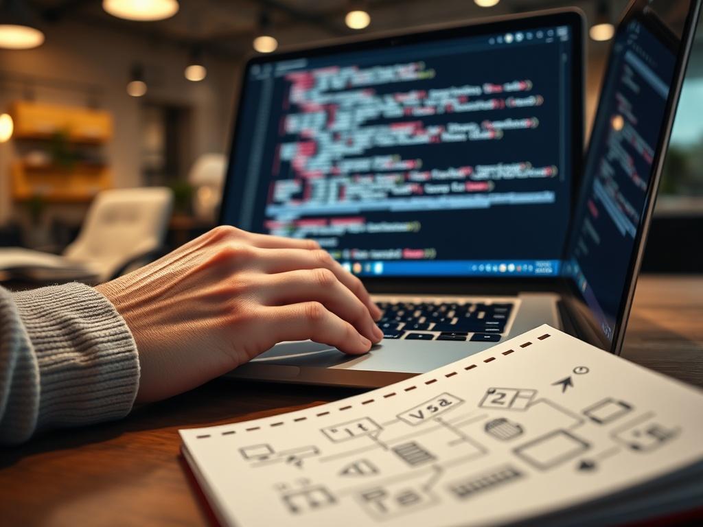 A hyper realistic close up of a developer's hands working