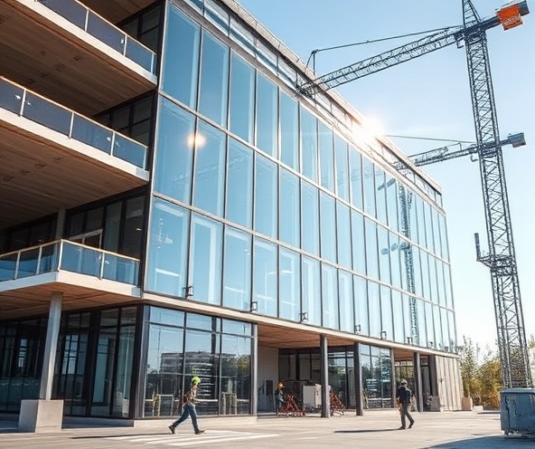 Modern commercial office construction project with glass and steel structural elements