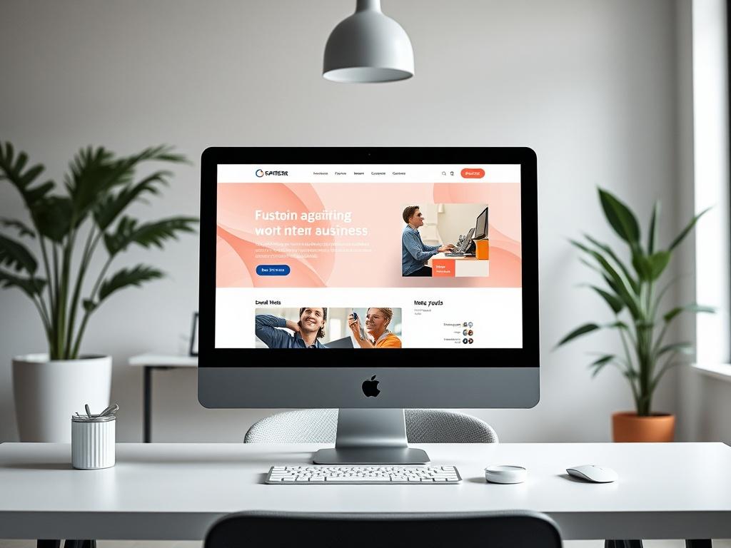 A high-resolution photo depicting a premium website displayed on a desktop computer in a stylish office environment. The screen should show a well-structured website with vibrant visuals and clear navigation, designed for small business engagement. The office should be modern and minimalistic, with a touch of greenery, enhancing the professional atmosphere.