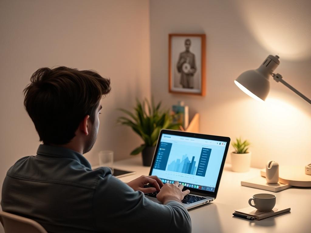 A serene high-resolution photo of a person working on a laptop, analyzing website metrics on the screen in a cozy workspace. The background should be softly illuminated, showcasing a clean and organized desk. Emphasize a sense of productivity and focus as the individual engages in website maintenance.