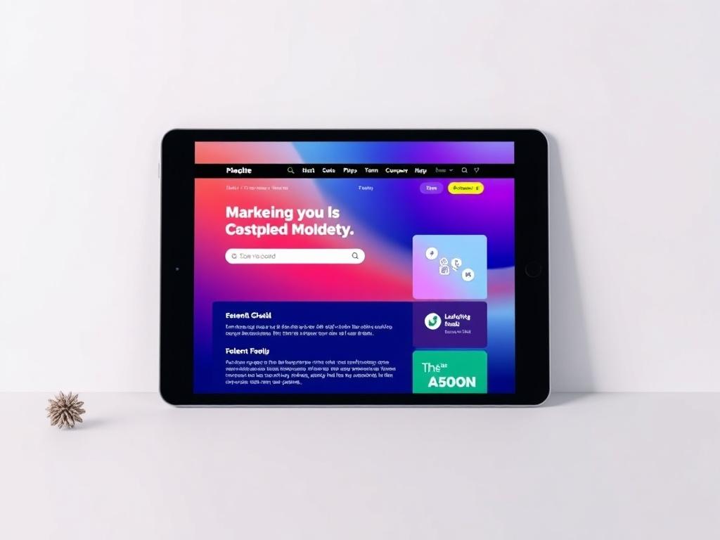A visually appealing landing page displayed on a tablet, with