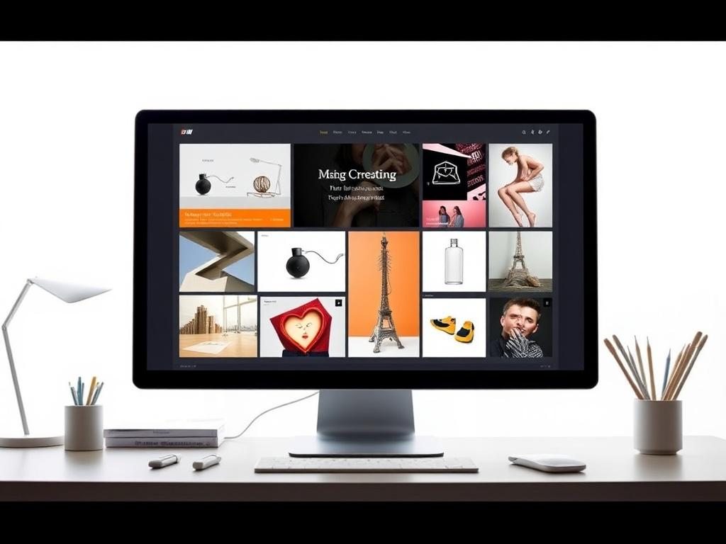 An elegant digital portfolio displayed on a sleek desktop monitor,