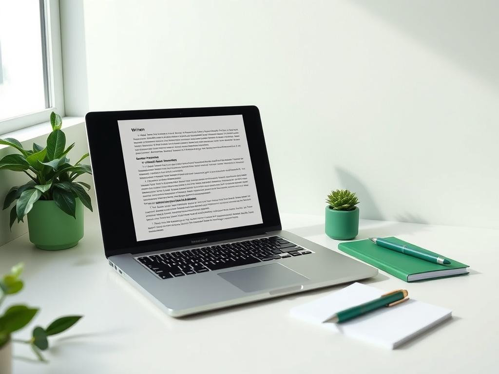 A minimalist workspace featuring a single stylish laptop open to a document with text. The background should be clean and uncluttered, with soft natural lighting illuminating the scene. A notepad and pen are placed beside the laptop, emphasizing the writing process. The color scheme should include elements of green to match the primary color, creating a fresh and inviting atmosphere.