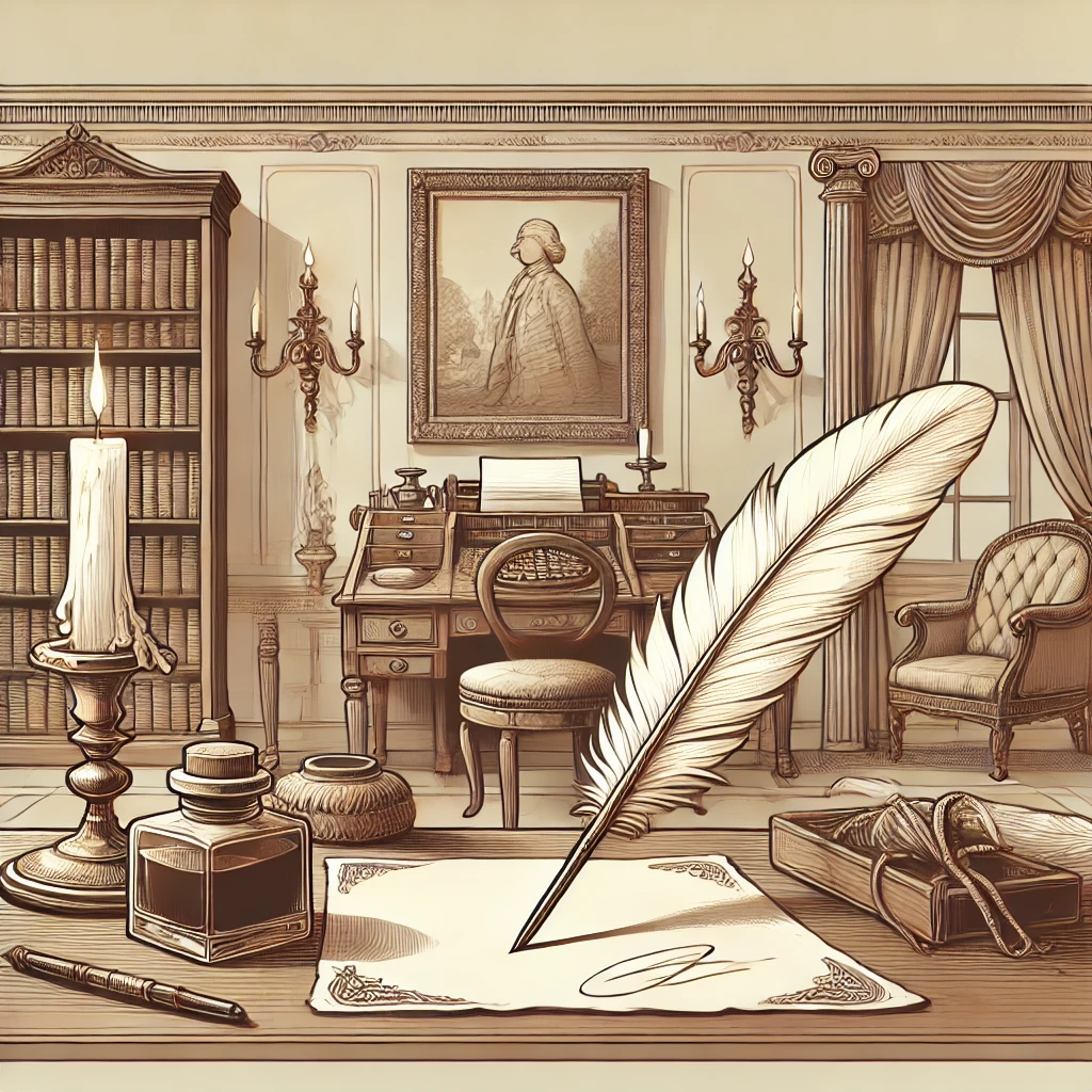 dall·e 2024-08-10 15.39.48 - a clean and elegant illustration of a historical setting from the 18th century, focused on a wooden desk with a feather quill, inkpot, and parchment. .webp